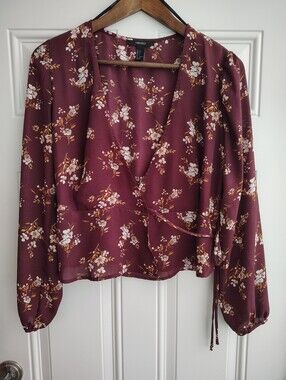 Forever 21 Burgundy Floral Wrap Blouse Long Sleeve V-Neck Top Size S